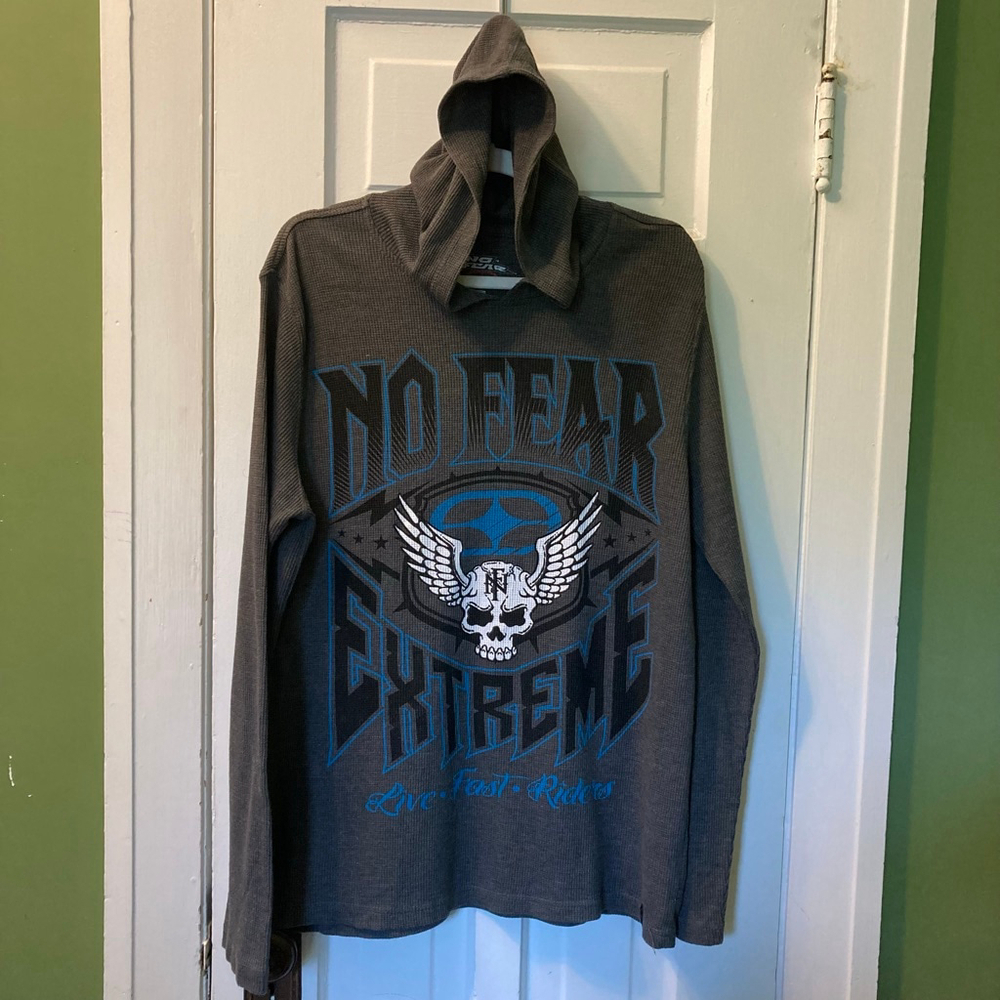 Men's Y2K No Fear Gray & Blue SKULL Graphic Hoodie L